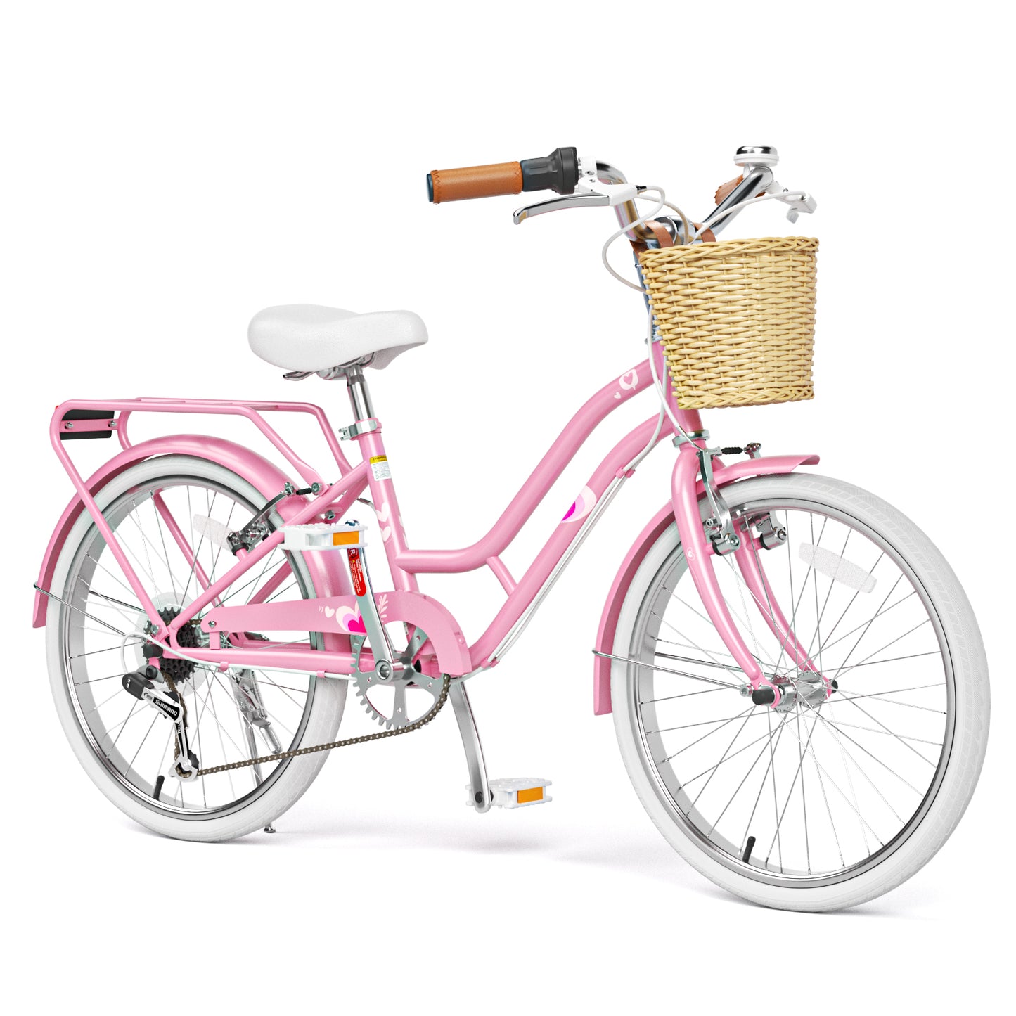 XJD 20/24 inch Girl Cruiser Kids Bike 7-Speed Shimano shifter lever,Aluminum V-brakes,Teen City Bicycle 20/24inch with Rack&Wicker Basket For Ages 7-14 Years Old, Pink
