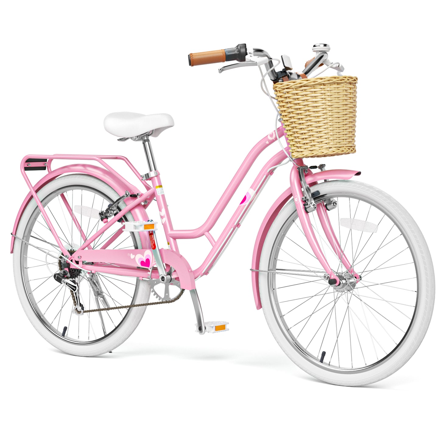 XJD 20/24 inch Girl Cruiser Kids Bike 7-Speed Shimano shifter lever,Aluminum V-brakes,Teen City Bicycle 20/24inch with Rack&Wicker Basket For Ages 7-14 Years Old, Pink