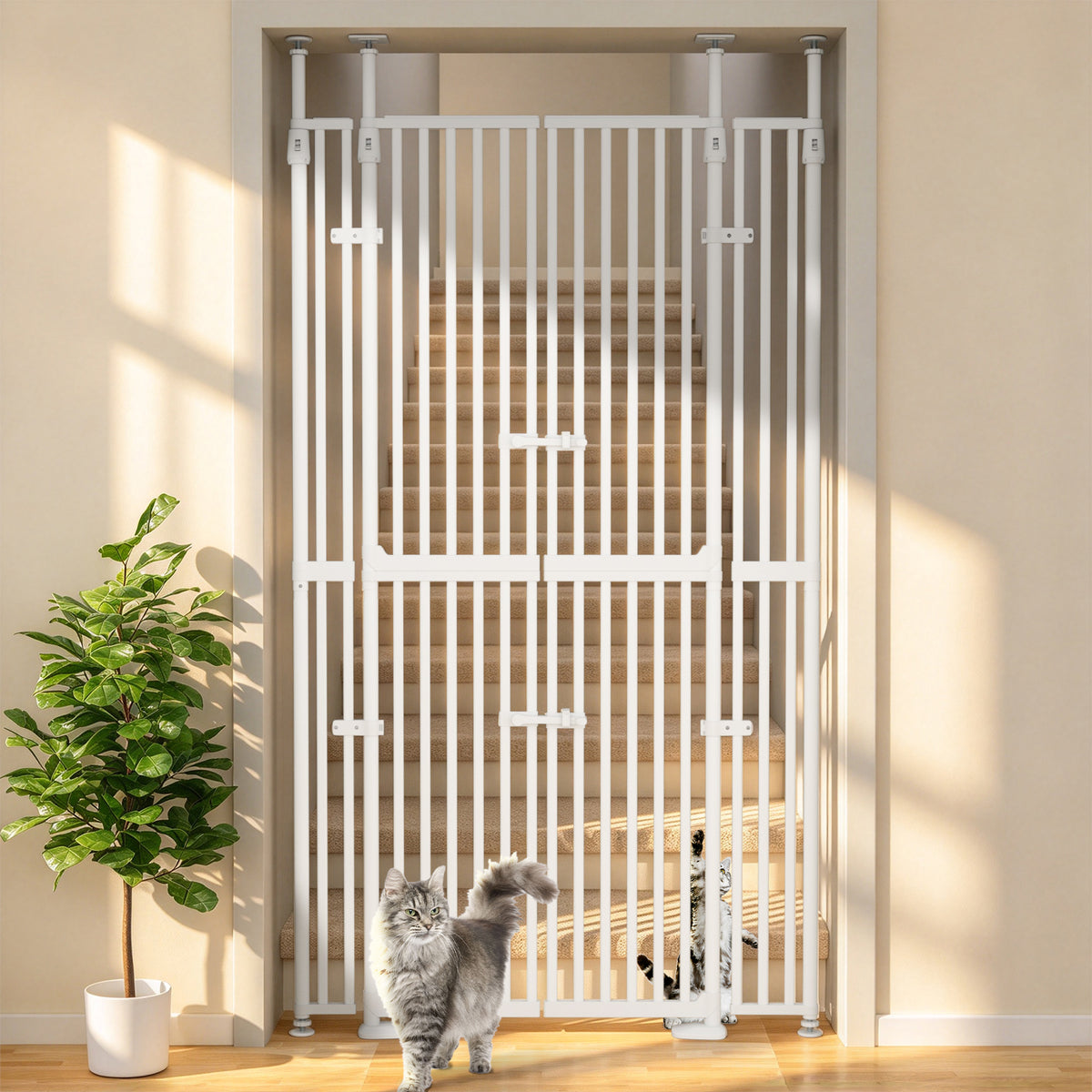 XJD 71" Extra Tall Cat Gate – Fits 30.31"-38.2" Wide Openings, Auto-Close, Narrow 1.37" Gaps, No-Drill Pressure Mount, Double Opening Design Pet Gate, White