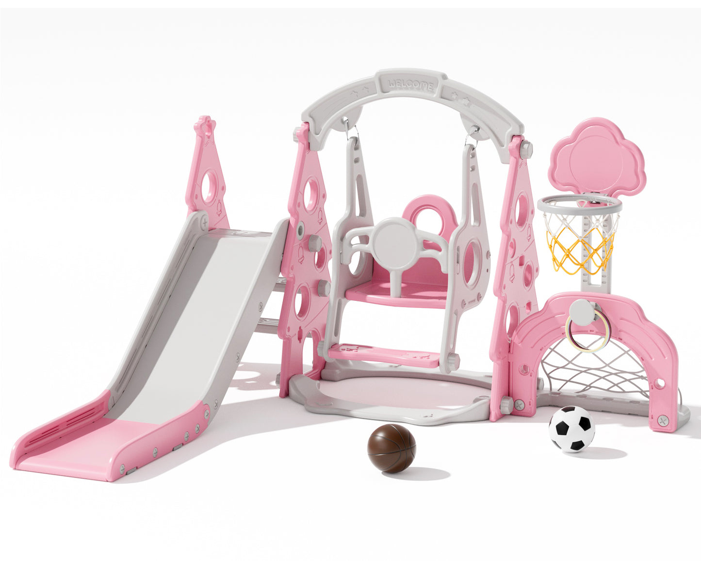 XJD 4-in-1 Toddler Slide and Swing Set, Kids Indoor Outdoor Playset with Basketball Hoop, Backyard Playground for Toddlers 1-3 Years Old
