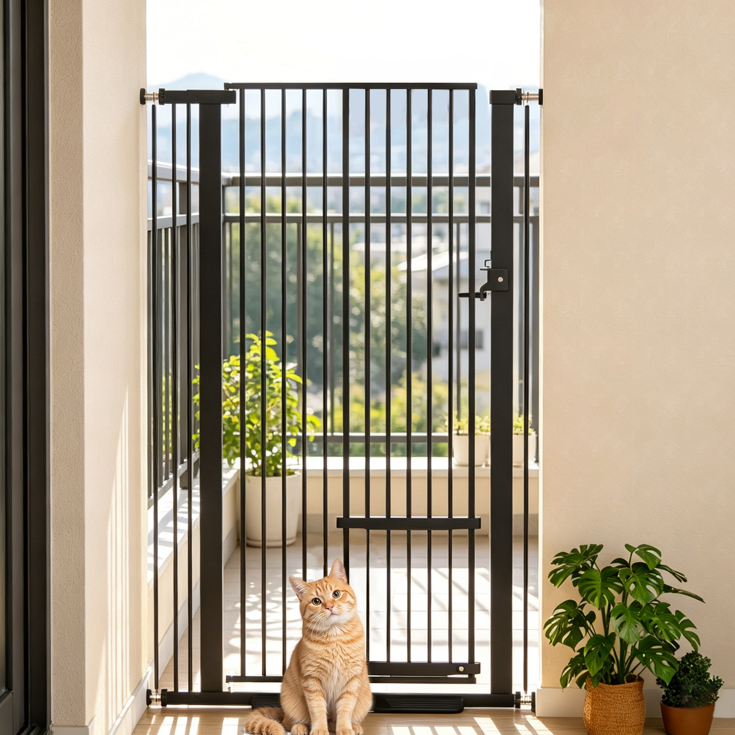 55.1" Extra Tall Cat Gate, Fits 29.5-37.4" Wide Openings, with Cat Door, Pressure Mounted Pet Gate for Stairs, Doorways, Kitchen, White