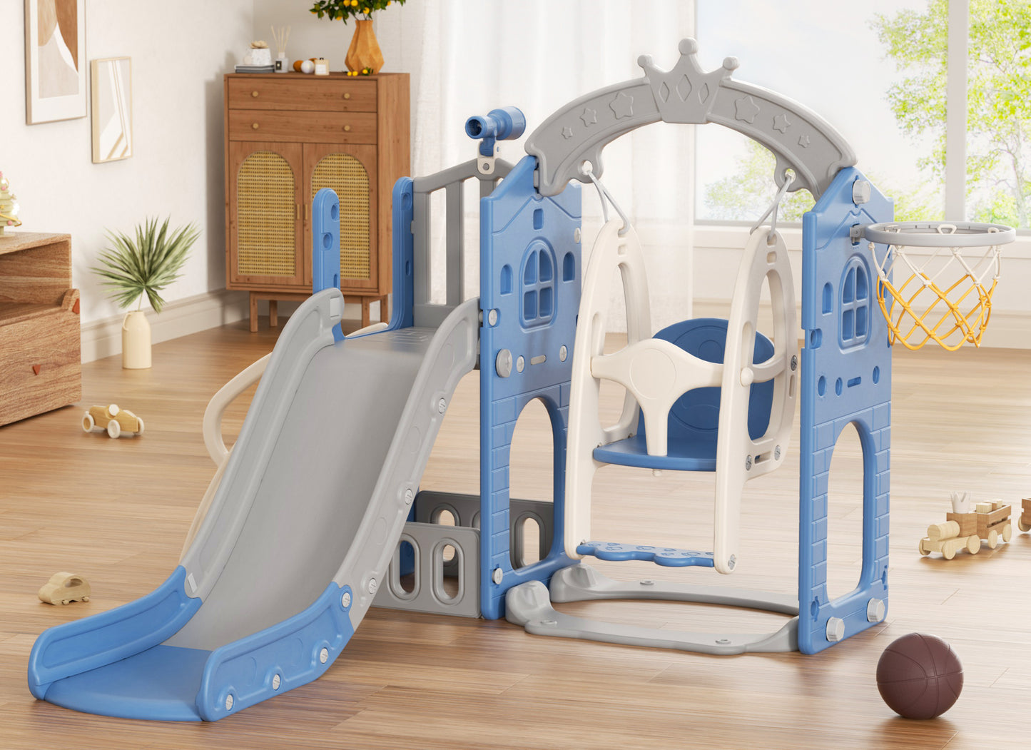 XJD 6 in 1 Toddler Slide and Swing Set, Kid Slide for Toddlers Age 1-3, Baby Slide with Basketball Hoop, Indoor Outdoor Slide Toddler Playset Toddler Playground, Blue