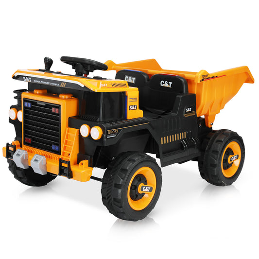 YUFU 12V Battery Kids Ride On Dump Truck RC Construction Tractor w/ Electric Bucket,Yellow