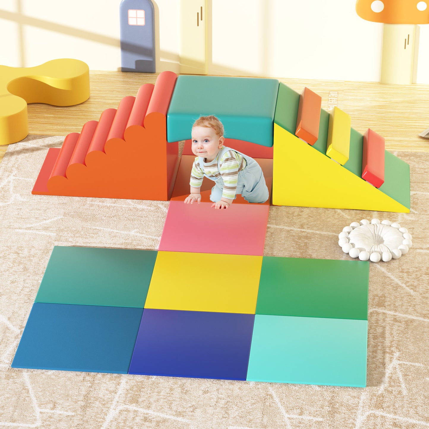 XJD Foam Climbing Blocks for Toddlers, Baby Foam Climb & Crawl Activity Set, 9-Piece Indoor Foam Climbing Blocks for Toddlers 1-3 with Kids Foam Tunnels & Ramp & Mats, Multicolor