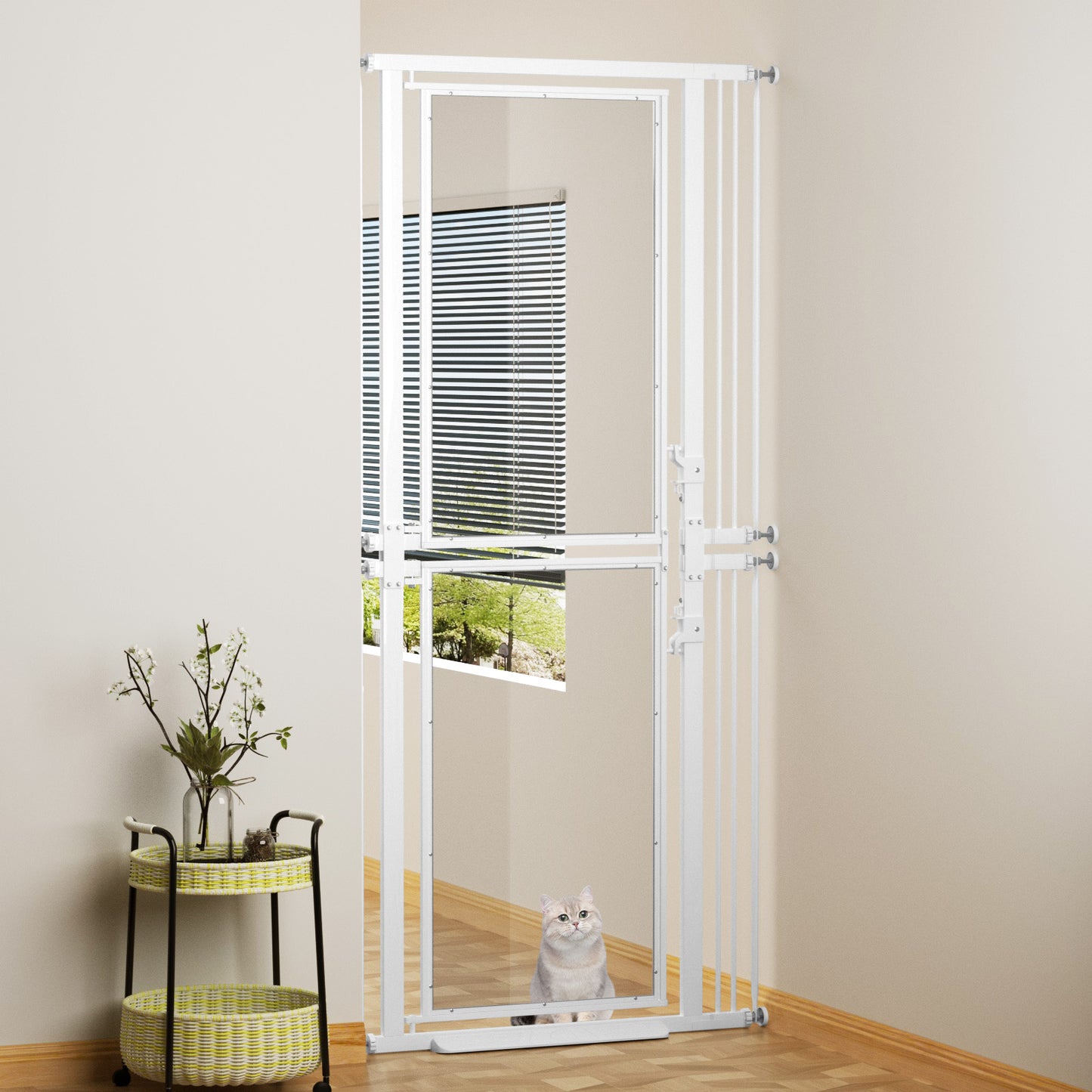 XJD 73.6" Extra Tall Cat Gate, Transparent Design Detachable into 2 Low Gates, 29.5–36" Width, Pressure Mounted, Full Door for Stairs, Kitchen, Studio, Black