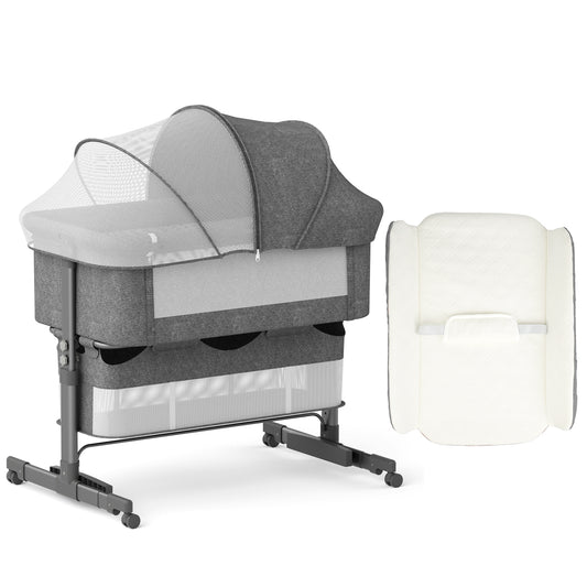 YUFU 4 IN 1 Baby Bassinets Bedside Sleeper, Bedside Bassinet with Diaper Changing, Height Adjustable, with Comfy Mattress and Wheels, Grey