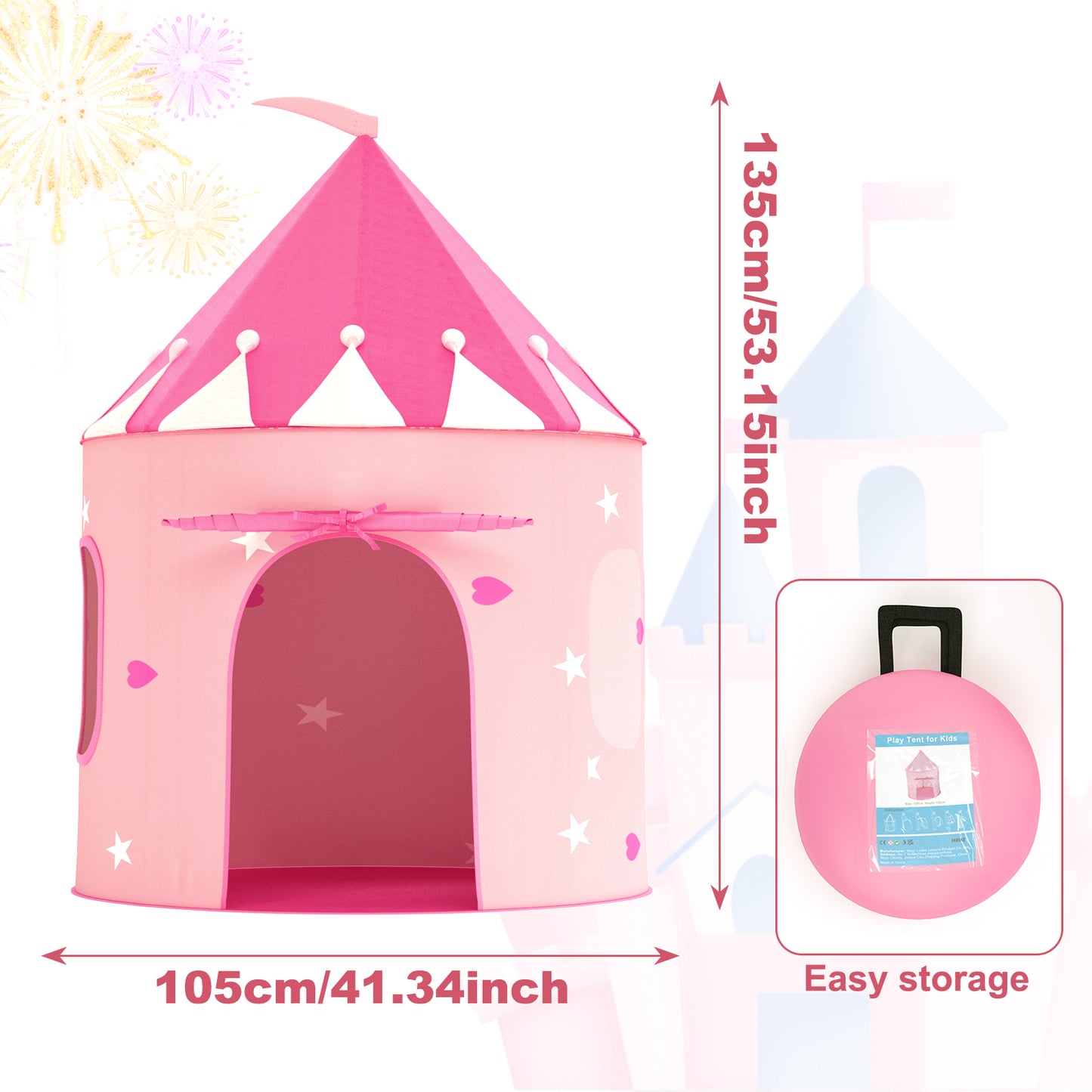 Princess Castle Play Tent with Glow in The Dark Stars, Foldable Pink Pop up Kids Tent Playhouse Toys, for Indoor Outdoor Toddler Children Girls Gifts Tent Girls Toys,Pink