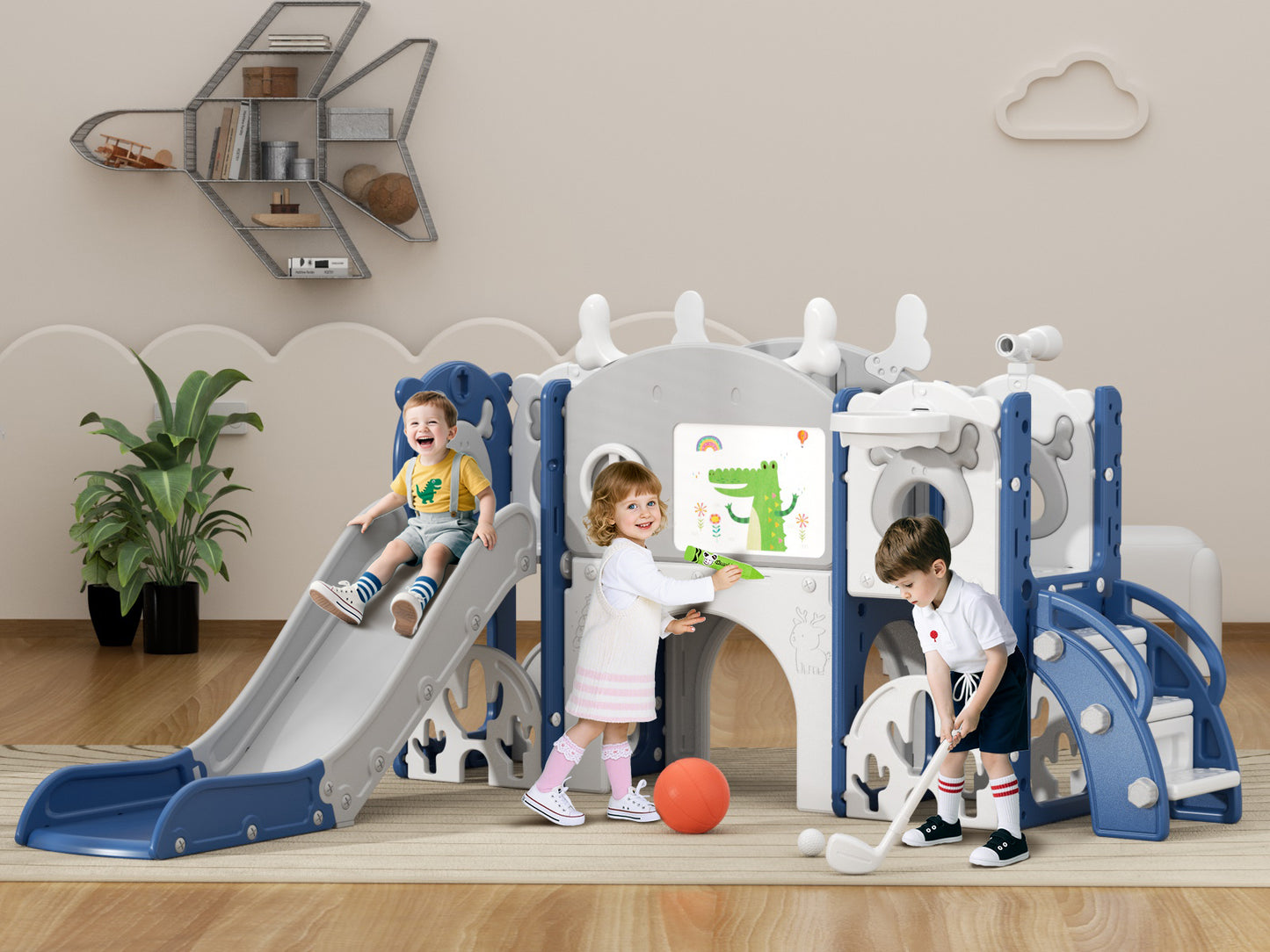 XJD 13 in 1 Toddler Slide Set, Kids Slide for Toddlers Age 1+, New Upgrade with Golf Set, Basketball Hoop, Drawing Board for Indoor Outdoor Playset, Birthday Gifts for Toddler (Blue Red)