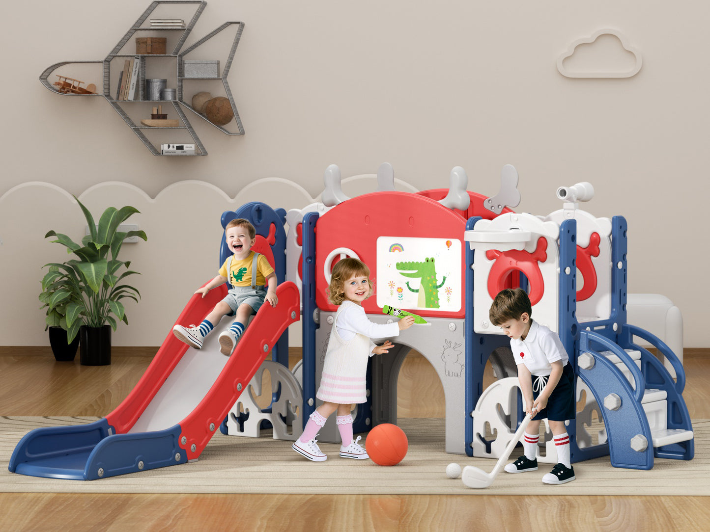 XJD 13 in 1 Toddler Slide Set, Kids Slide for Toddlers Age 1+, New Upgrade with Golf Set, Basketball Hoop, Drawing Board for Indoor Outdoor Playset, Birthday Gifts for Toddler (Blue Red)