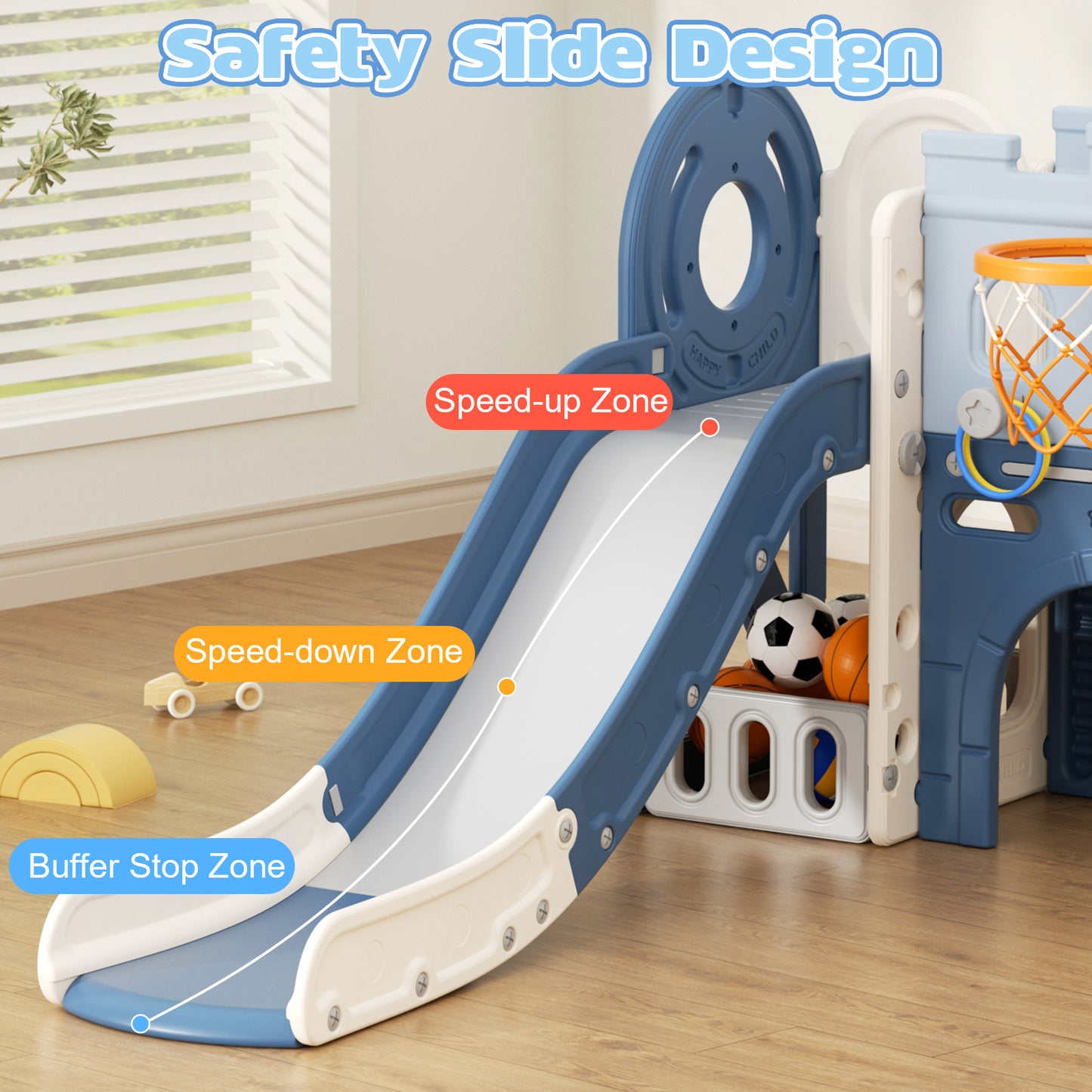 XJD 8-in-1 Toddler Slide, Kids Slide Playset with Basketball Hoop, Telescopes, Indoor Outdoor Kids Play Equipment Backyard Playground for Toddlers Age 1-3, Blue