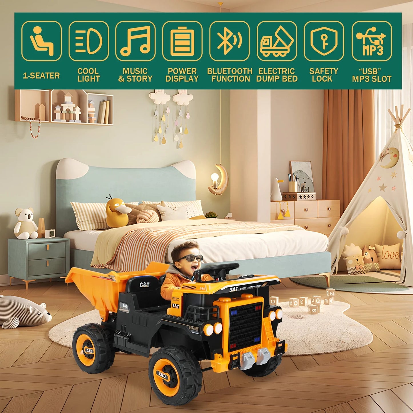 12V Ride On Dump Truck for Kids Electric Car with Remote Control, and Extra Shovel, Kids' Electric Dump Bed Power Ride on Construction Vehicle with Music Ride On Toys