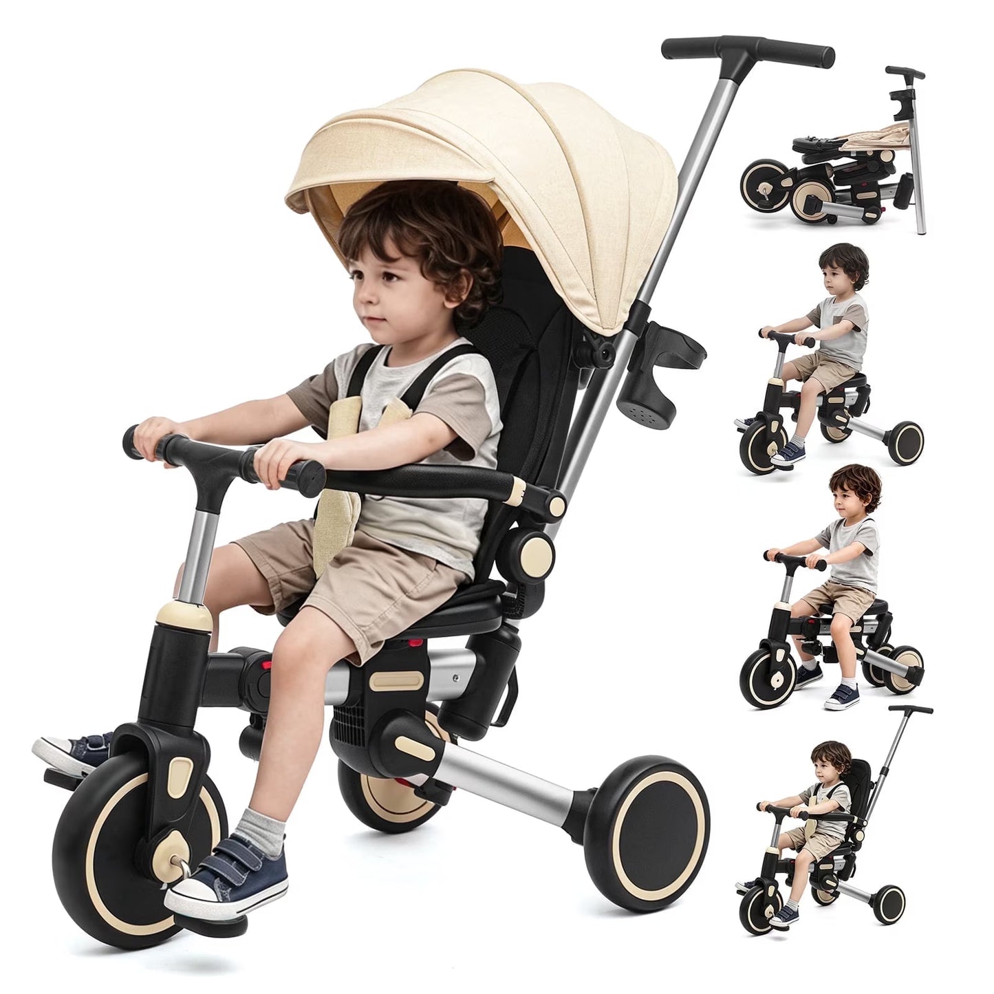 XJD 9 in 1 Multifunctional Tricycle for Toddlers, 2-4 Years Kids Foldable Tricycle with Adjustable Canopy, Detachable Backrest and Push Handle