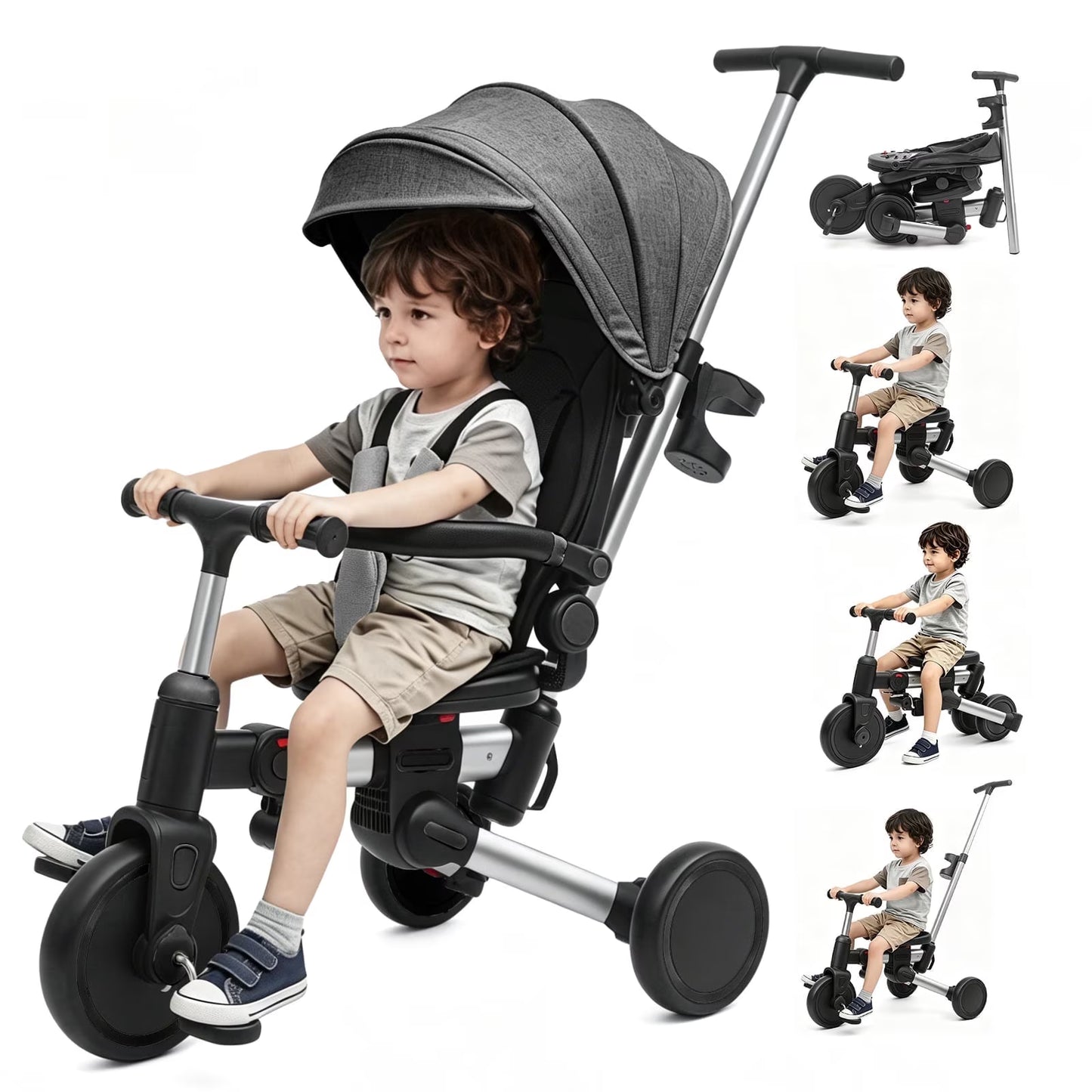 XJD 9 in 1 Multifunctional Tricycle for Toddlers, 2-4 Years Kids Foldable Tricycle with Adjustable Canopy, Detachable Backrest and Push Handle