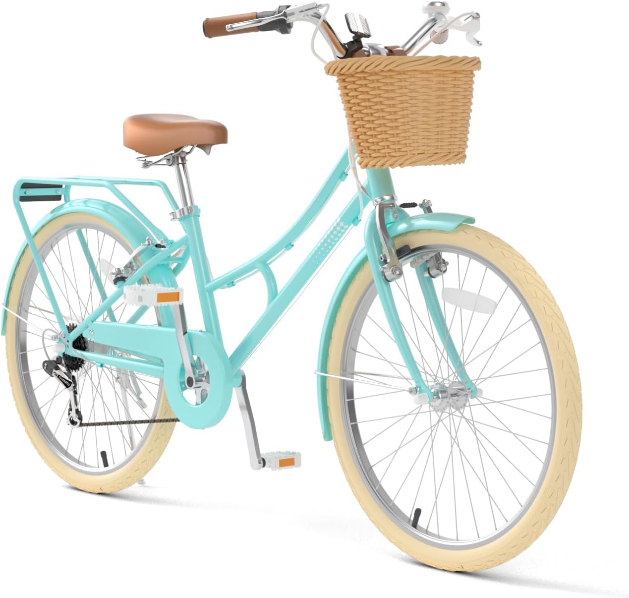 XJD 20 24 26 Inch Girls Bike, 7-Speed Beach Cruiser Bike for Girls Youth and Over 6 Years Old, Kids Bicycles with Dual V-Brakes Rear Rack & Wicker Basket