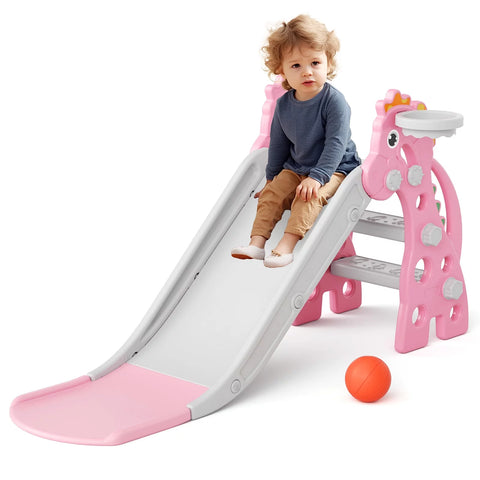 3 in 1 Toddler Slide, Baby Slide Climber Playset with Basketball Hoop and Ball, Indoor and Outdoor Playground for Kids, Boys and Girls