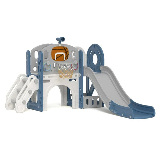 7-in-1 Kids Slide with Climber, Toddler Climber Slide Play Set with Basketball Hoop, Tunnel, Telescope and Storage Space, Indoor Outdoor Playground Slide