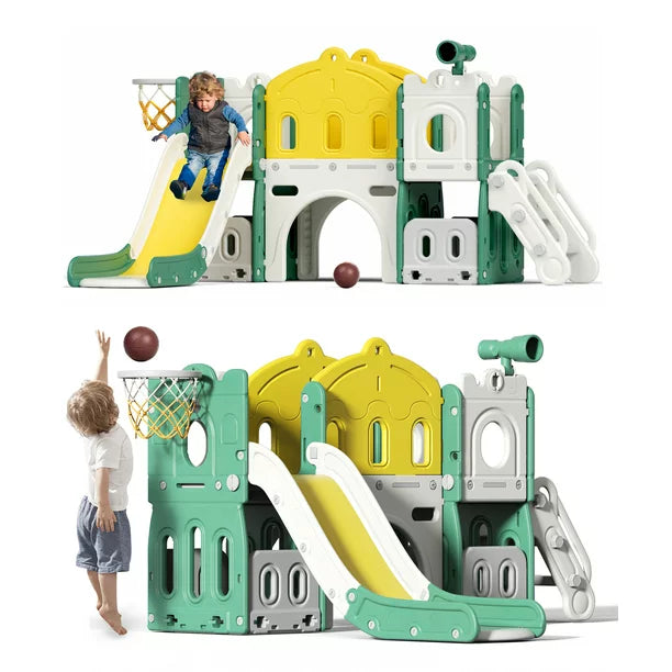 8 in 1 Kids Slide Set with Climber, Toddler Climber Slide Play Set with Basketball Hoop, Tunnel, Toddler Playground Outdoor Indoor layground Slide Playset Age 1+
