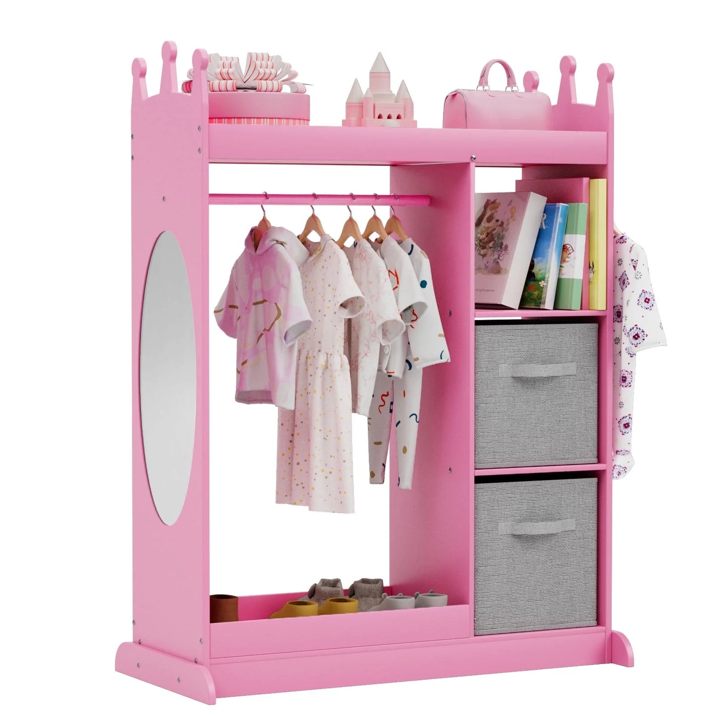 Kids Dress Up Storage, Kids' Costume Organizer Center, Open Hanging Armoire Closet, Kids Armoire with Mirror for Toddler Girls 3 Age+