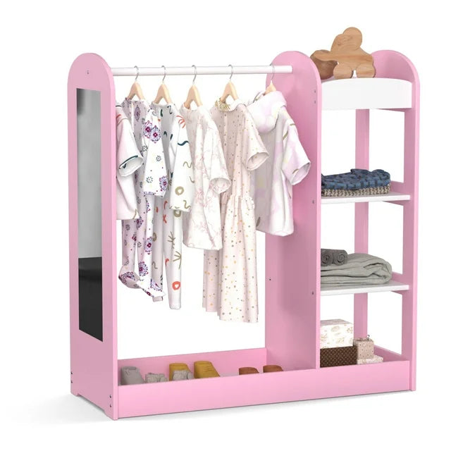 Kids Dress Up Storage, Kids' Costume Organizer Center, Open Hanging Armoire Closet, Kids Armoire with Mirror for Toddler Girls 3 Age+