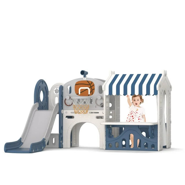 Kids Slide with Kids Foldable Playhouse, Toddler Climber Slide Play Set with Basketball Hoop, Tunnel, Telescope, Portable Game Cottage