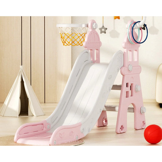 Kids Slide for Toddlers Age 1-3, Toddler Slide Climber Set for Indoor Outdoor, Baby Climber Toy Freestanding Slide with Basketball Hoop & Ring Game