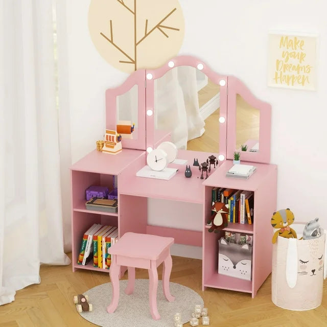 KORIMEFA Kids Vanity, Girls Vanity With touch Light Detachable Tri-Folding Mirror, Open Storage Shelves, Wood Makeup Playset with Chair, Princess Vanity Table for Toddlers, Pink