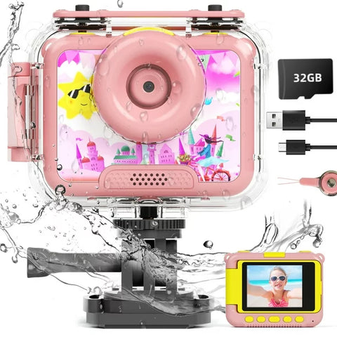 Kids Waterproof Camera, 1080P HD Children Digital Action Camera Underwater Camera with 32GB, Birthday Gift Toys for Girls Age 3-14 Pink