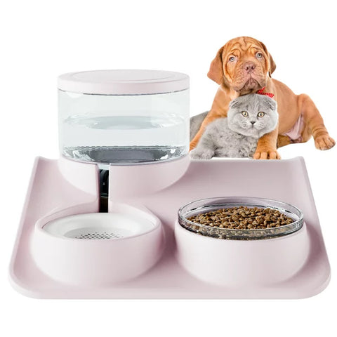 Tilted Cat Water and Food Bowl Set, Double Dog Cat Bowls with Automatic Waterer Bottle, Feeder Bowls, Food Feeding Dishes for Dogs Cats Pets (Pink)