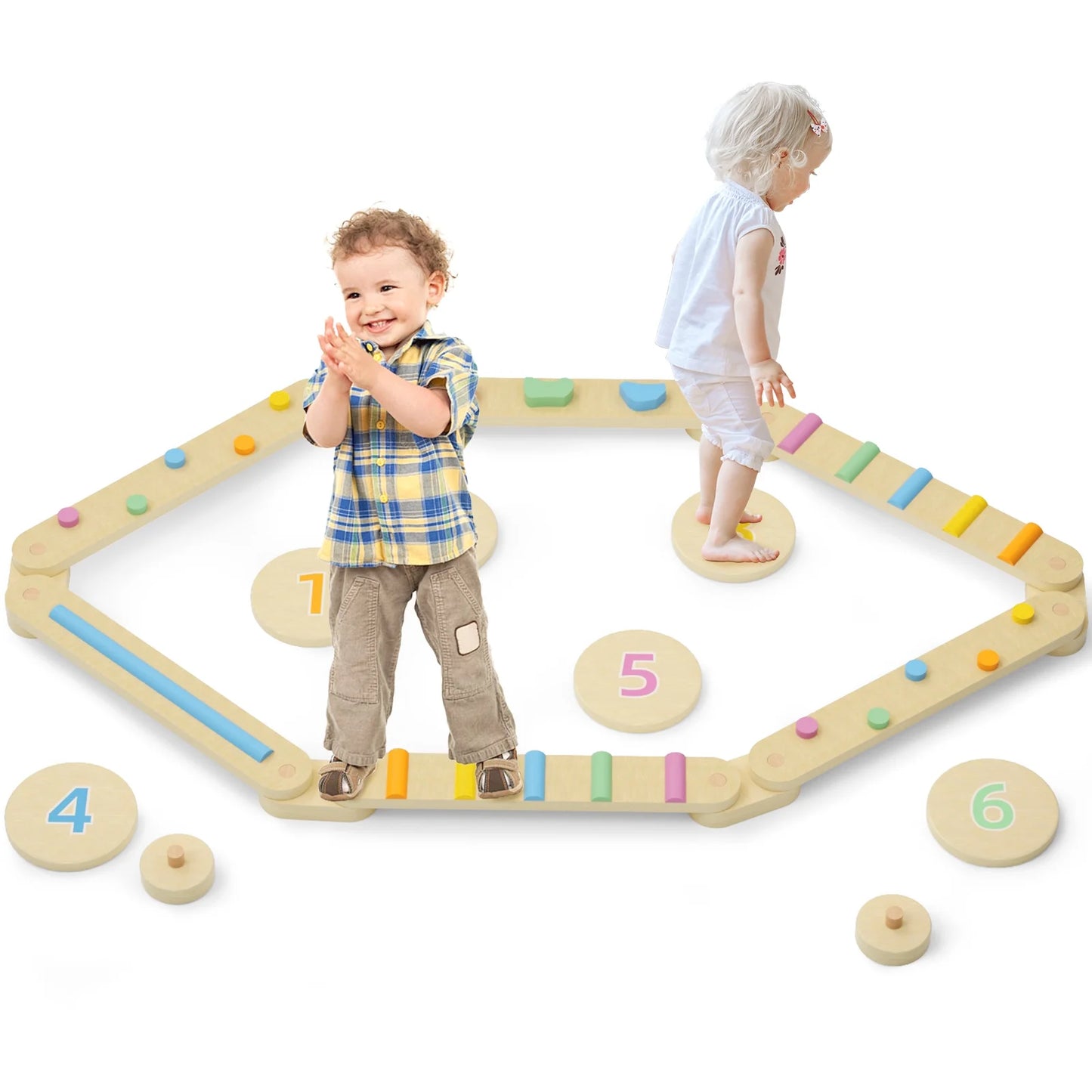 Wooden Balance Beam for Kids Toddlers, Toddlers Balance Board with Colorful Steeping Stones 6 Piece Obstacle Course Toys for Girls & Boys
