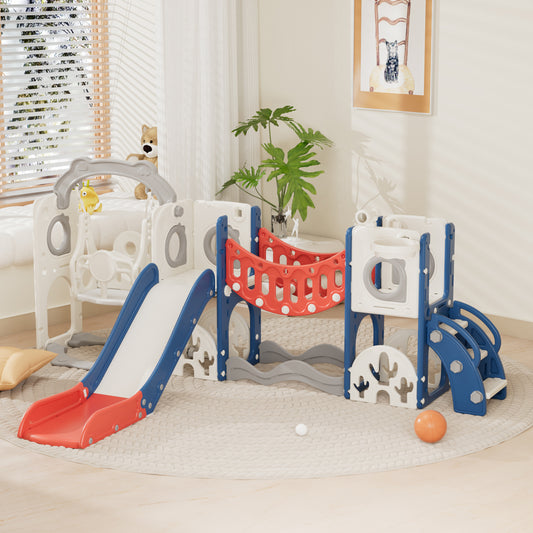 XJD 11 in 1 Toddler Slide and Swing Set, Kids Slide for Toddlers, Outdoor Indoor Playground for Toddlers 1-3, Toddler PlaySet with Basketball Hoop, Golf Set, Climbing Arch(Blue Red)