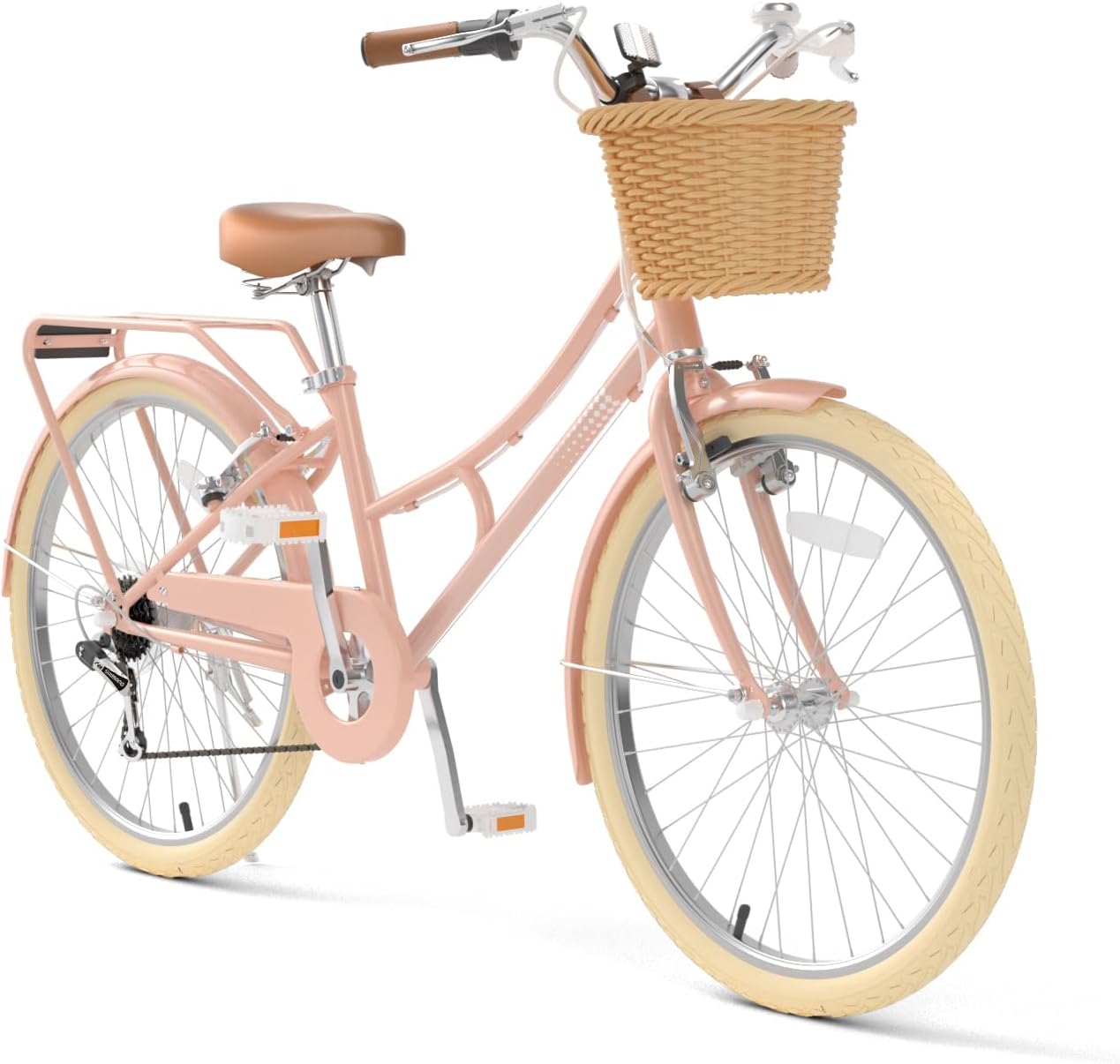XJD 20 24 26 Inch Girls Bike, 7-Speed Beach Cruiser Bike for Girls Youth and Over 6 Years Old, Kids Bicycles with Dual V-Brakes Rear Rack & Wicker Basket