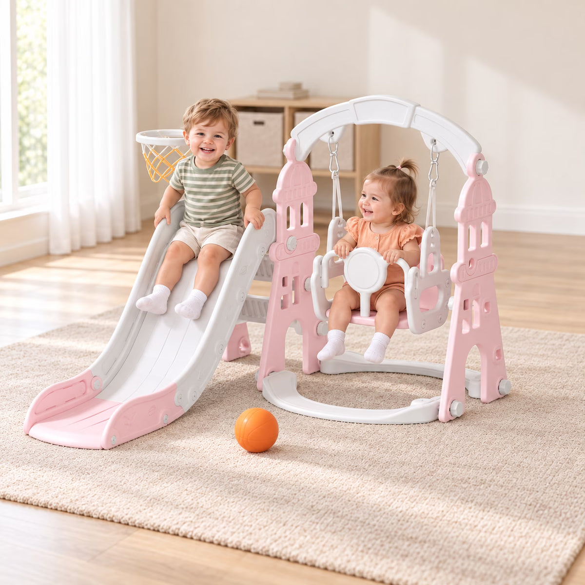 XJD 4-in-1 Kids Slide and SXJD 4-in-1 Kids Slide and Swing Set - Perfect for Toddlers 1-5 Years - Extra-Large Indoor and Outdoor Playground - Includes Slide, Swing, Basketball Hoop, and Climber