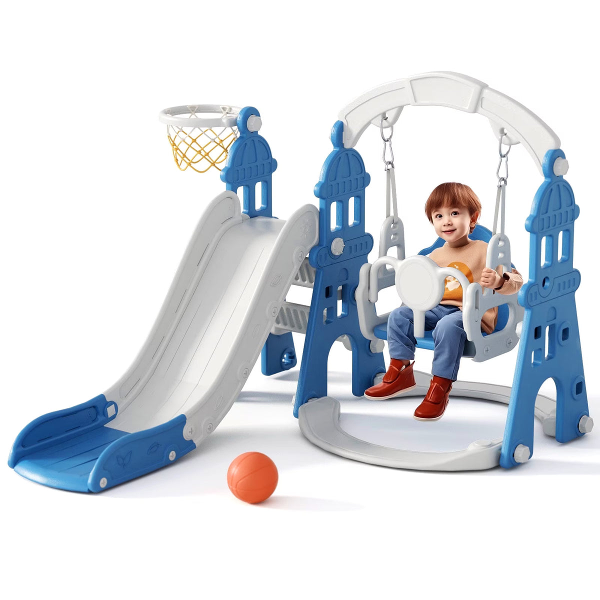 XJD 4-in-1 Kids Slide and SXJD 4-in-1 Kids Slide and Swing Set - Perfect for Toddlers 1-5 Years - Extra-Large Indoor and Outdoor Playground - Includes Slide, Swing, Basketball Hoop, and Climber