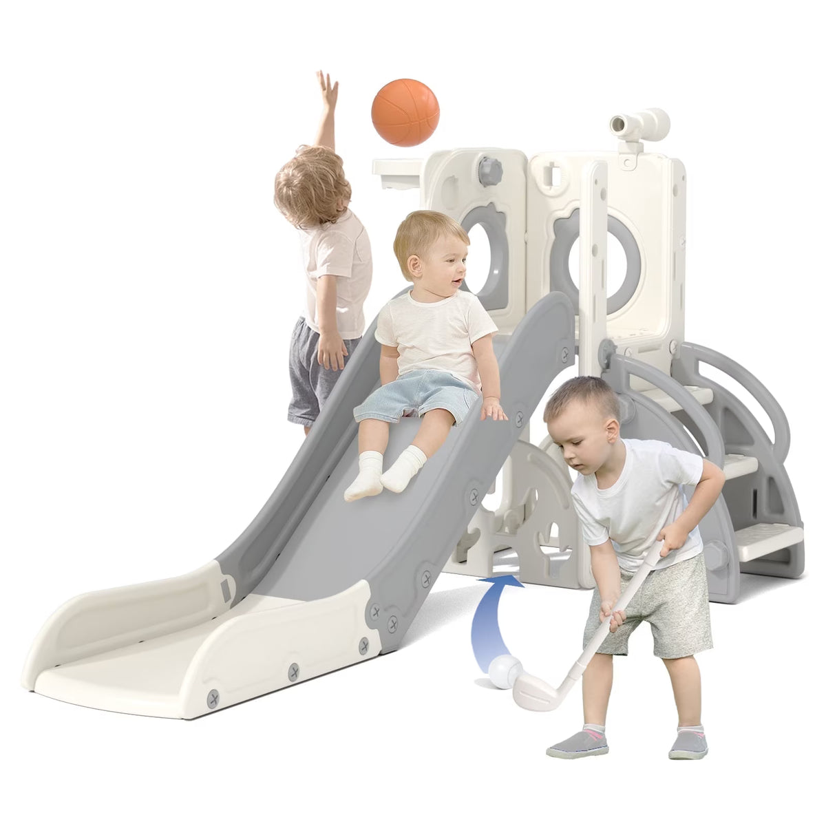 XJD 7-in-1 Toddler Slide for 1-3 Years Old, Indoor & Outdoor Kids Plastic Slide with Basketball Hoop & Upgraded Golf Game