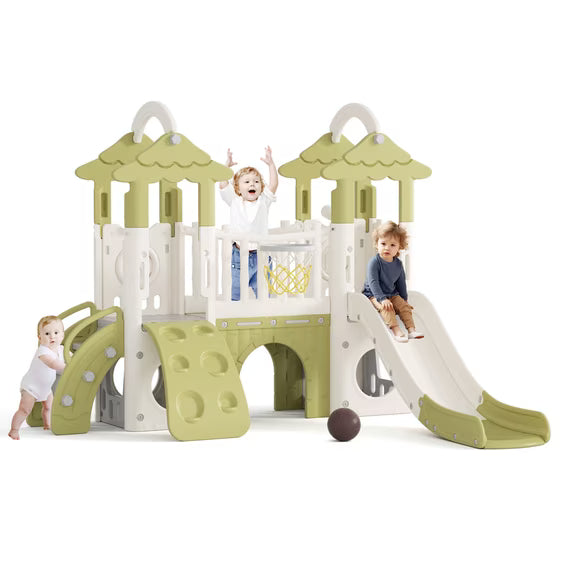 XJD 9-in-1 Jungle Toddler Slide with Climber, Indoor Outdoor Kids Slide with Basketball Hoop, Telescope and Climbing Wall, Indoor Slide Playset for Toddlers 1+