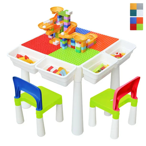 Kids Multi Activity Table Set, Building Block Table with Storage, Play Table Toys Includes 2 Chair and 120 Pieces Compatible Large Bricks Building Blocks for Girls Boys Toddler Age 3-7