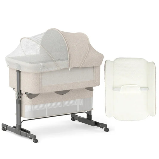Baby Bassinet Bedside Sleeper (Diaper Changing Station + Mosquito Net Included), Adjustable Bedside Crib with Storage, Converts to Cradle and Cosleeper, Portable, Easy Folding beige