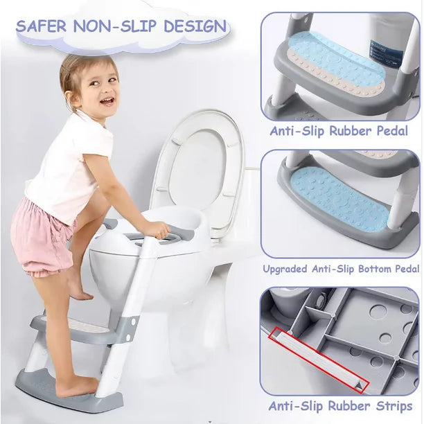 Baby Potty Training Seat, Potty Toilet Seat, Foldable Toddler Toilet Potty Chair, Toilet Trainer Seat with Anti-Slip Pads Ladder for Boys Girls Kids, Grey