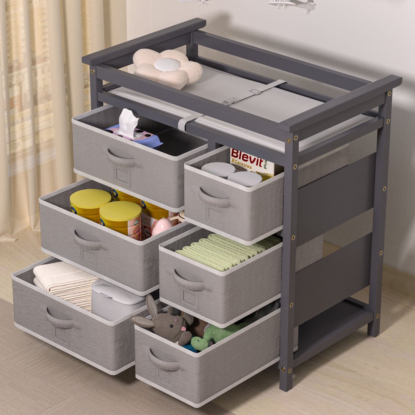 Baby Changing Table with 6 Storage Baskets, Can be Used as a Changing Table Dresser with Changing Table Top, a Baby Changing Station, a Diaper Changing Station (Gray)