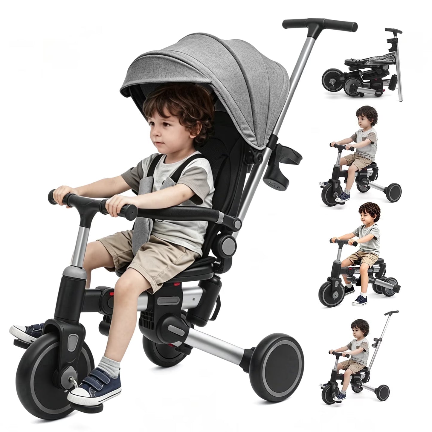 XJD 9 in 1 Multifunctional Tricycle for Toddlers, 2-4 Years Kids Foldable Tricycle with Adjustable Canopy, Detachable Backrest and Push Handle
