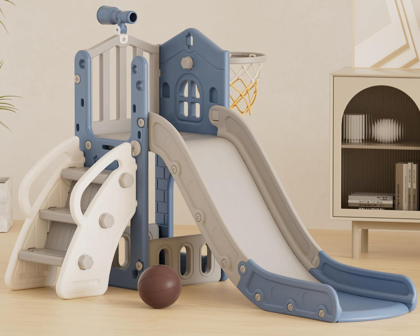 XJD 7 in 1 Toddler Slide, Kids Indoor Slide for Toddlers 12-36 Months, New Upgrade with Golf, Basketball Hoop for Indoor Outdoor Playset,Birthday Gifts for Toddler (Blue Red)