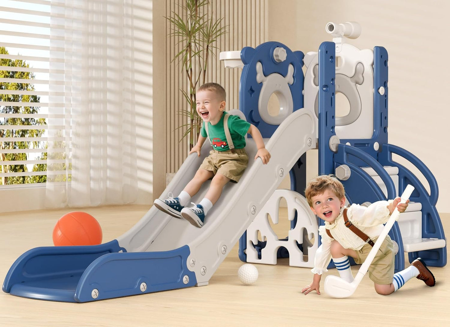 XJD 7 in 1 Toddler Slide, Kids Indoor Slide for Toddlers 12-36 Months, New Upgrade with Golf, Basketball Hoop for Indoor Outdoor Playset,Birthday Gifts for Toddler (Blue Red)