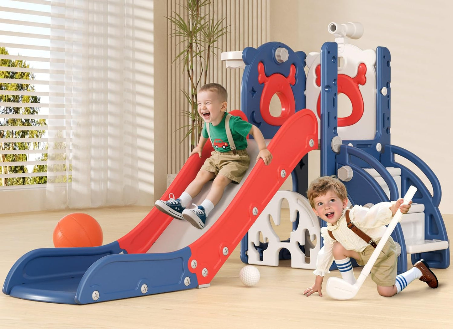 XJD 7 in 1 Toddler Slide, Kids Indoor Slide for Toddlers 12-36 Months, New Upgrade with Golf, Basketball Hoop for Indoor Outdoor Playset,Birthday Gifts for Toddler (Blue Red)
