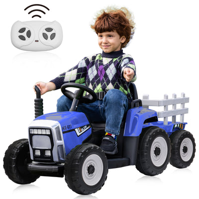 1XJD 12V 7AH Treaded Tires Kids Battery Powered Electric Tractor with Trailer Toddler Ride On Toy with Dual Motors 3-Gear-Shift 7-LED Lights USB & Bluetooth Audio